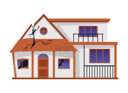 Illustration for Exterior of house with broken windows and roof cracks flat style, vector illustration isolated on white background. Decorative design element, damage, natural disaster or war, consequences - Royalty Free Image