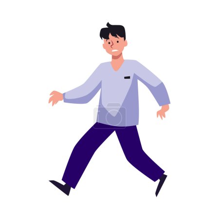 Illustration for Panic young man in blue clothes running away problem or danger flat style, vector illustration isolated on white background. Decorative design element, emotional male character - Royalty Free Image