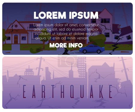 Illustration for Set of website banner templates about earthquake flat style, vector illustration isolated on white background. Decorative designs with texts collection, cracks, broken buildings and fallen trees - Royalty Free Image