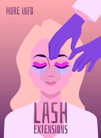 Illustration for Lash extension beauty procedure poster or banner for beauty masters and professional salons, flat vector illustration. False eyelash extension cosmetic face enhancement. - Royalty Free Image