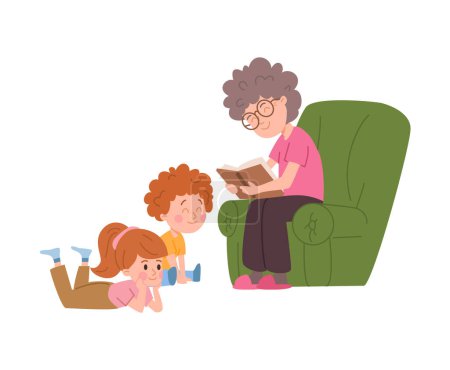 Illustration for Grandmother sits in an armchair reading a book to her grandson and granddaughter. Vector flat illustration isolated on white background. Grandparents family relationship cartoon characters - Royalty Free Image