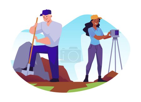 Illustration for Geologist work composition with man digs and woman takes geodetic measurements of earth surface vector illustration. Cartoon geology equipment, tacheometer and human characters isolated on white - Royalty Free Image