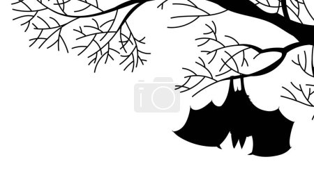 Illustration for Spooky bat hanging upside down on tree branch, black silhouette, flat vector illustration isolated on white background. Halloween holiday decoration. Wild animal drawing. - Royalty Free Image