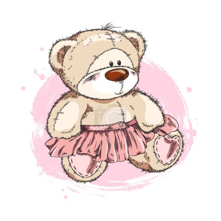 Colored watercolor sketch of funny cartoon female teddy bear. Pretty girl bear doll in a skirt. Hand drawn sitting Teddy bear vector illustration isolated pink spot on white background.