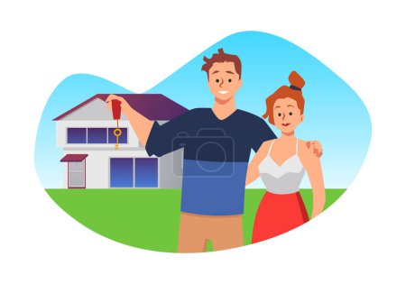 Glückliches Paar im Besitz von Schlüsseln für neue Wohnung Stil, Vektor-Illustration isoliert auf weißem Hintergrund. Immobilienkauf, lächelnde fröhliche Gestalten, umarmte Menschen