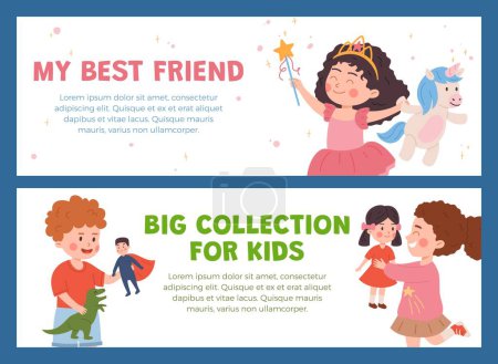 Illustration for Happy cute boys and girls holding their toys. Kids play with favorite toy. Entertainment cartoon vector flyers tamplate set in blue frame on white. Fairy best friends, big kids collection - Royalty Free Image