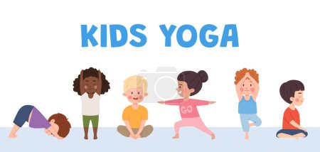 Mädchen und Jungen in Yoga-Posen. Glückliche kleine Kinder machen Yoga-Übungen, Meditation. Kinder gesunde Gymnastik-Set. Vektor-Poster mit Hund, Baum, Krieger 2, Schmetterling, Berg und anderen Posen