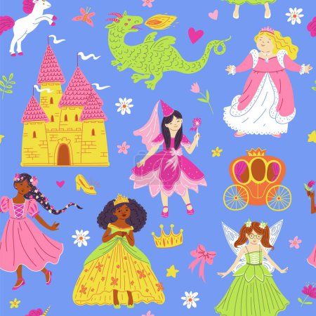 Illustration for Seamless pattern with fairy tale characters and symbols. Multi ethnic princesses in beautiful dresses. Castle, dragon, unicorn, brougham vector cartoon illustration. Romantic fabulous girl, Cinderella - Royalty Free Image