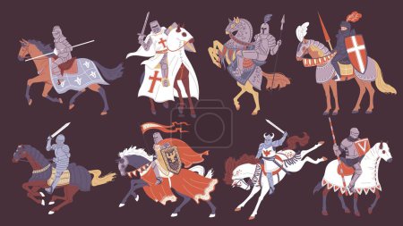 Vektor-Illustrationen mittelalterlicher Ritter mit Rüstung, Helm, Schwert in der Hand und Pferd im Schutzanzug. Karikaturenkonzept des Ritterlichen Mittelalters, isoliert auf braunem Hintergrund