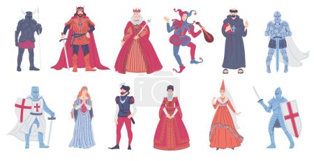 Illustration for Set of historical medieval characters - cartoon flat vector illustration isolated on white background. Armed knight in armor, jester with mandolin, crusader, priest, queen and princess. - Royalty Free Image