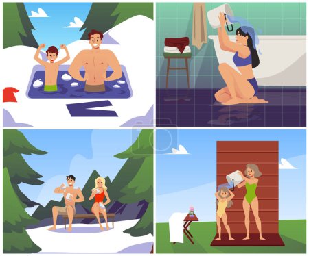 Illustration for People hardening, set of scenes - flat vector illustration. Adults and children swimming in ice-hole in winter, wipe themselves with snow, pour cold water on themselves from bucket. Healthy lifestyle. - Royalty Free Image