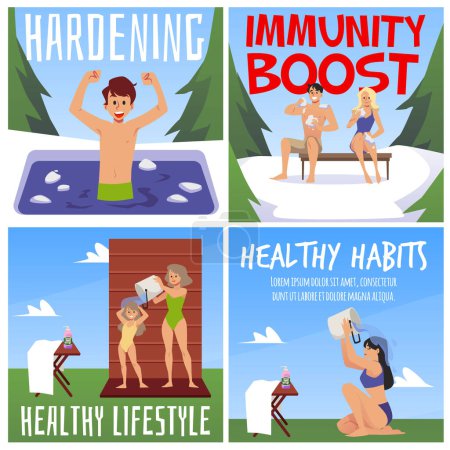 Illustration for Immunity boost healthy routines banners with people tempered by snow and cold water, flat vector illustration. Hardening and dousing with cold water posters set. - Royalty Free Image