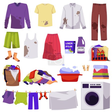 Schmutzige und unordentliche Kleidung, Wäschetag-Elemente gesetzt - flache Vektordarstellung isoliert auf weißem Hintergrund. Haufen oder Stapel verschmutzter Kleidung mit Flecken. Vor und nach der Waschmaschine.