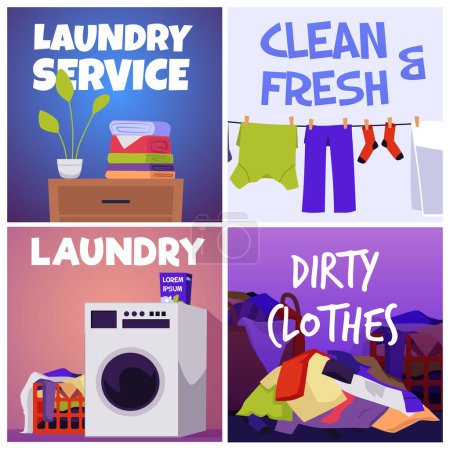 Illustration for Set of squared banners about dirty clothes and laundry service flat style, vector illustration isolated on white background. Clean and fresh, pile of dirty clothes, laundry basket - Royalty Free Image