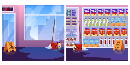 Illustration for Supermarket interior with freshly washed wet and slippery floor and signs warning about risk of falling, flat vector illustration. Store interior with wet floor. - Royalty Free Image