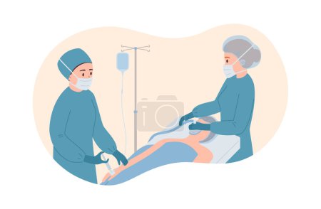 Illustration for Patient in hospital lies under a sedative mask, doctors and anesthetist doing general anesthesia. Surgical anesthesia. Medical treatment care for emergency life support ill person vector illustration - Royalty Free Image