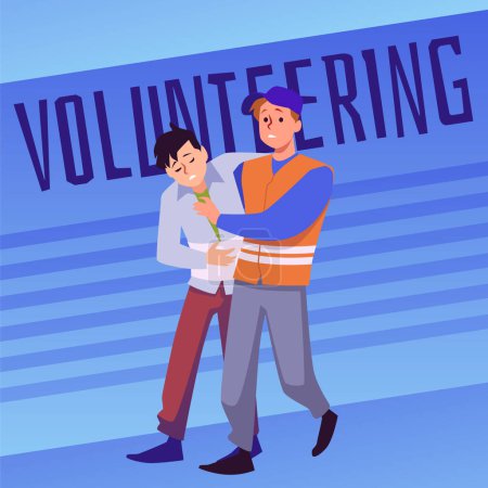 Illustration for Man in an orange vest helps an injured sick man walk. Volunteers helping after an accident, catastrophe, natural disaster. Vector poster with cartoon volunteer character on blue background - Royalty Free Image
