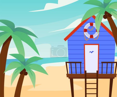 Illustration for Seascape background with bungalow building or lifeguard house on the beach, flat vector illustration. Banner with summer beach house or tropical bungalow. - Royalty Free Image