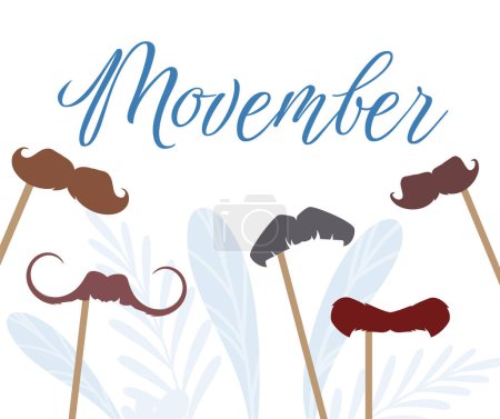 Téléchargez les illustrations : Carte de voeux Movember avec moustaches drôles sur bâtons, illustration vectorielle plate sur fond blanc. Mustaches poussant en novembre. Accessoires de cabine photo. - en licence libre de droit
