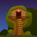 Tree house with lighting, night landscape. Wooden lodge on big tree with ladder. Vector cartoon game treeshed summer camp. Children playground for outdoors activities in forest, dark sky and stars