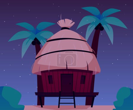 Illustration for Bungalow with thatched roof in night. Small hut near palm trees on the beach. Vector cartoon villa for vacation and resort on exotic island. Summer stilt home, ladder, paradise coast wooden dwelling - Royalty Free Image