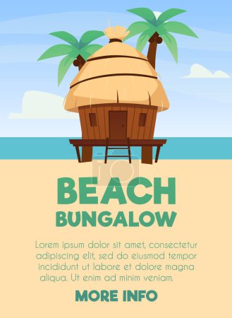 Bungalow mit Reetdach. Kleine Hütte in der Nähe von Palmen am Strand. Vector Cartoon Poster mit Villa für Urlaub und Resort auf einer exotischen Insel. Sommer Stelzenhaus, tropisches Paradies Holzhaus