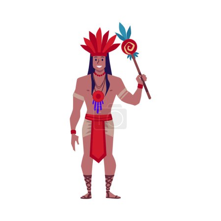 Maya tribal leader in traditional ethnic costume and red feather headdress standing with decorated spear. Cartoon warrior vector illustration isolated on white. Maya ancient culture and traditions