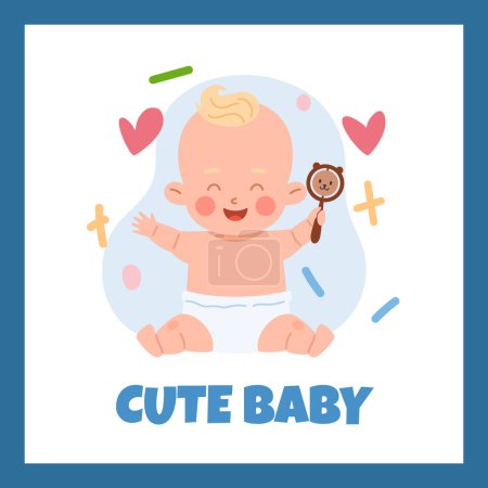 Sweet little baby sitting and playing with rattle closing eyes with happiness. Cute toddler playing beanbag toy. Vector cartoon isolated cheerful infant poster on decorative background