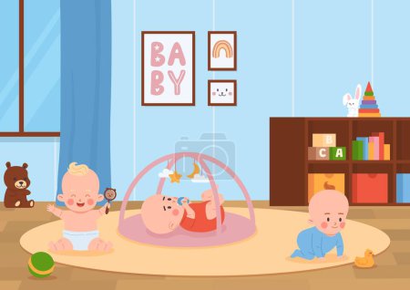 Illustration for Sweet little baby sitting and playing with rattle. Newborn crawling for duck toy. Cute kids playing, toddler activity. Vector cartoon illustration cheerful infant characters in cozy children room - Royalty Free Image