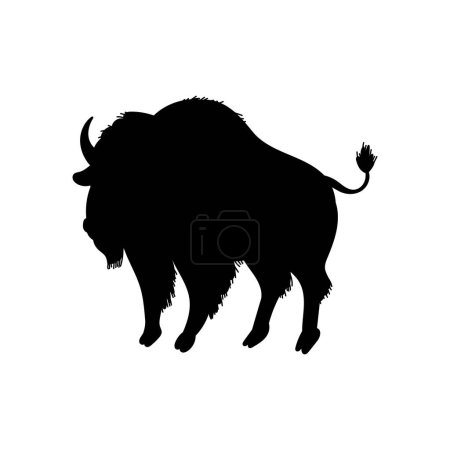 Illustration for Bison black silhouette. North America animals. Wild Zubr, buffalo with horns isolated on white background. Cartoon vector contour illustration. - Royalty Free Image