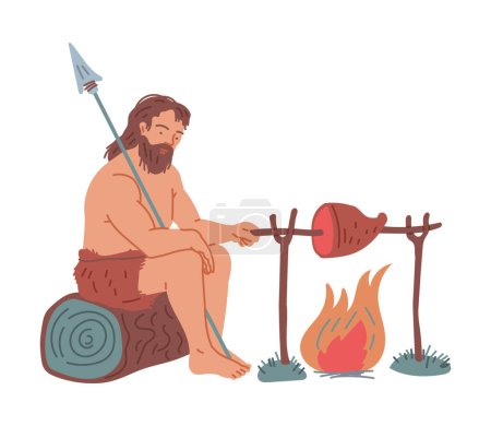 Prehistoric primitive caveman sits on a log with spear and cooks prey meat on fire. Prepare food in the wild. Vector hand drawn Stone age illustration on white. Ancient evolution and civilization
