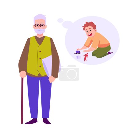 Illustration for Gray-haired old stylish man remembers being child flat style, vector illustration isolated on white background. Decorative design element, life and growing up, childhood and old age - Royalty Free Image