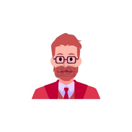 Illustration for Portrait of stylish bearded man in glasses flat style, vector illustration isolated on white background. Decorative design element, formal suit and tie, smiling character - Royalty Free Image