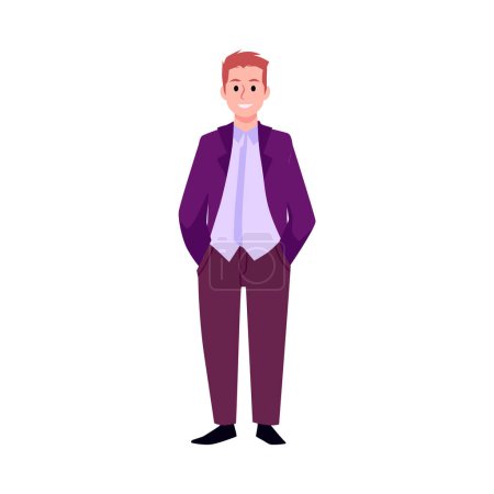 Illustration for Smiling young man in business suit flat style, vector illustration isolated on white background. Decorative design element, positive emotions, confident standing character - Royalty Free Image