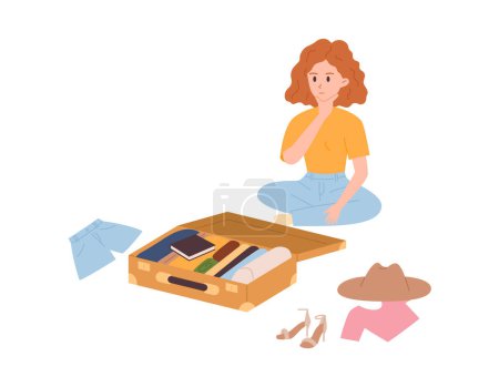 Illustration for Vector illustration of pretty woman with orange curly hair is sitting on the floor and packing suitcase, luggage, she is thinking what forgot to put. An open baggage with stuff and scattered things - Royalty Free Image