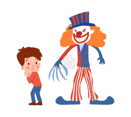 Illustration for Vector illustration of little boy afraid of clown with red eyes and a claw for a hand. Cute kid crying scared of creepy face of harlequins. Cartoon hand drawn design style for children fears, phobia - Royalty Free Image