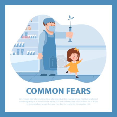 Illustration for Common children fears poster with text, little girl scared of doctor with syringe, flat vector illustration. Kid running from medical injection. Concepts of phobia, anxiety and stress. - Royalty Free Image