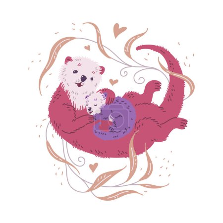 Téléchargez les illustrations : Mère loupe de mer nage avec son bébé mignon endormi et sourit sur fond de plantes beiges, de dessins floraux et de cœurs. Mignon dessin animé loutres de mer belle famille en rose, couleurs lilas. Vecteur - en licence libre de droit