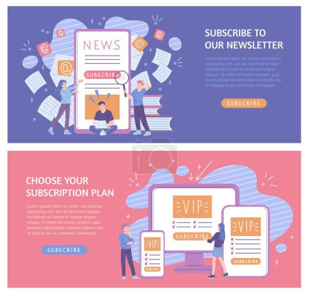 Set of vector banners, flyers with illustrations of men and woman choose subscribe plan. Huge tablet, smartphone, computer on abstract background. Concept of subscription news bloggers, channels, for