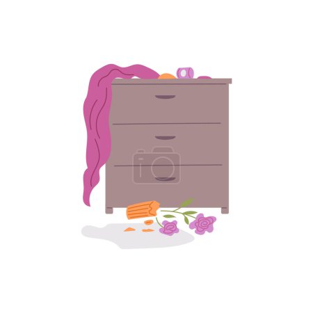 Illustration for Pet mess, overturned broken vase of flowers and a curtain on chest of drawers. Chaos house, clutter, disorder from play cat or dog vector cartoon illustration. Wardrobe with overturned things - Royalty Free Image