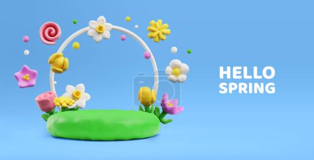 Ilustración de Plantilla de banner del sitio web con marco de flores decorativas en el césped sobre hola primavera estilo 3D, ilustración vectorial aislado sobre fondo azul. Flores y naturaleza, estación - Imagen libre de derechos