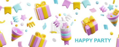 Illustration for 3d party popper with confetti, serpentine. Flying pink gift boxes. 3D render firework bang. Realistic vector Happy party banner. Present holiday surprise, birthday celebration, carnival decoration - Royalty Free Image