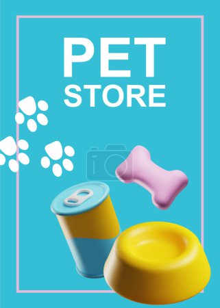 Ilustración de Póster de tampón con 3d renderizado alimentos tienda de mascotas. Tienda de cuidado lindo gato y perro. Juguetes, accesorios y nutrición. Ilustración vectorial de dibujos animados sobre fondo azul en estilo plástico - Imagen libre de derechos