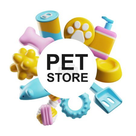 Illustration for Pet store goods round composition 3D style, vector illustration isolated on white background. Decorative design element, pet toys and items for care, volumetric objects - Royalty Free Image