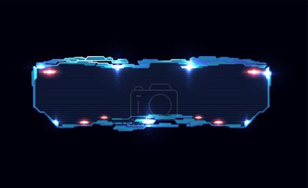 Illustration for Futuristic horizontal frame, vector illustration for web design isolated on black background. Neon game element for ui interface, digital sci fi drawing. Abstract ripped form in blue color. - Royalty Free Image