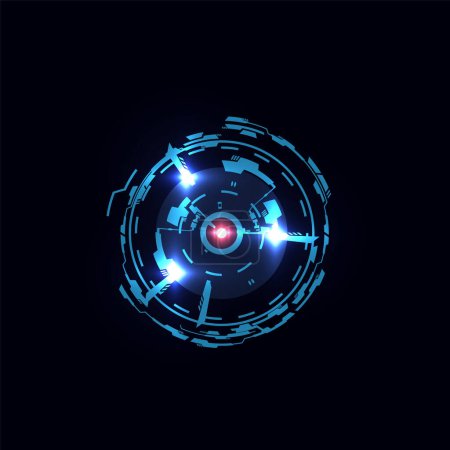 Illustration for Futuristic glowing game frame. Vector digital round border simulator on dark background. Virtual electronic target screen or aim control panel. Radar or scanner display. High tech technology - Royalty Free Image