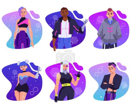 Illustration for Set of augmented cyberpunk people in neon lights, flat vector illustration isolated on white background. Futuristic characters with robotic implants. Future cybernetic technologies. - Royalty Free Image