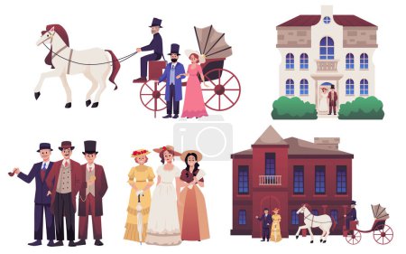18th 19th century old town victorian set of classic european architecture and people. Vector illustrations of men, women in historical fashion costumes. Buildings, astles, carriage with white horse