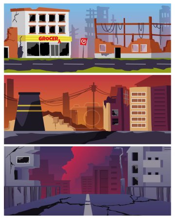 Illustration for Vector set illustrations of apocalypse city landscape, destroyed factory, industral buildings, shops and houses. City destroy in war zone, abandoned infrastructure. The future world after people - Royalty Free Image