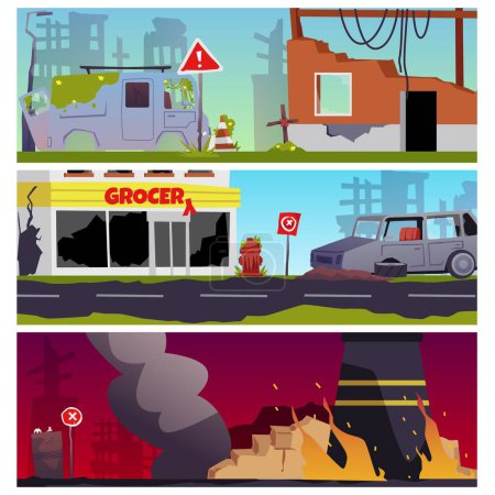 Illustration for Vector set illustrations of apocalypse, destroyed factory, industral buildings, shops and houses in fire and smoke. Car on city street with ruins. City destroy in war zone, abandoned buildings. - Royalty Free Image